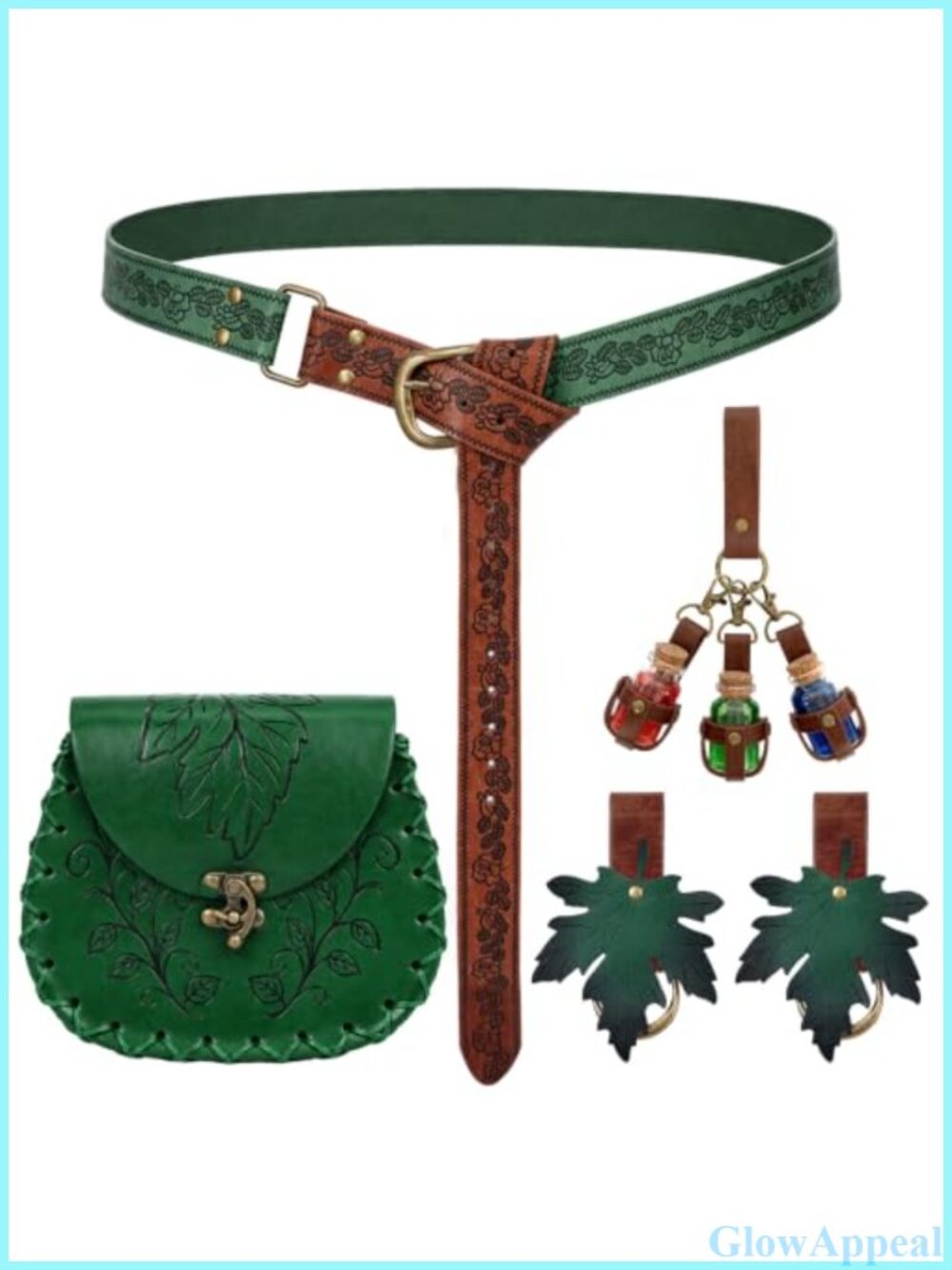 Renaissance Faux Leather Chain Belt Leaf Pouch Cosplay Accessory